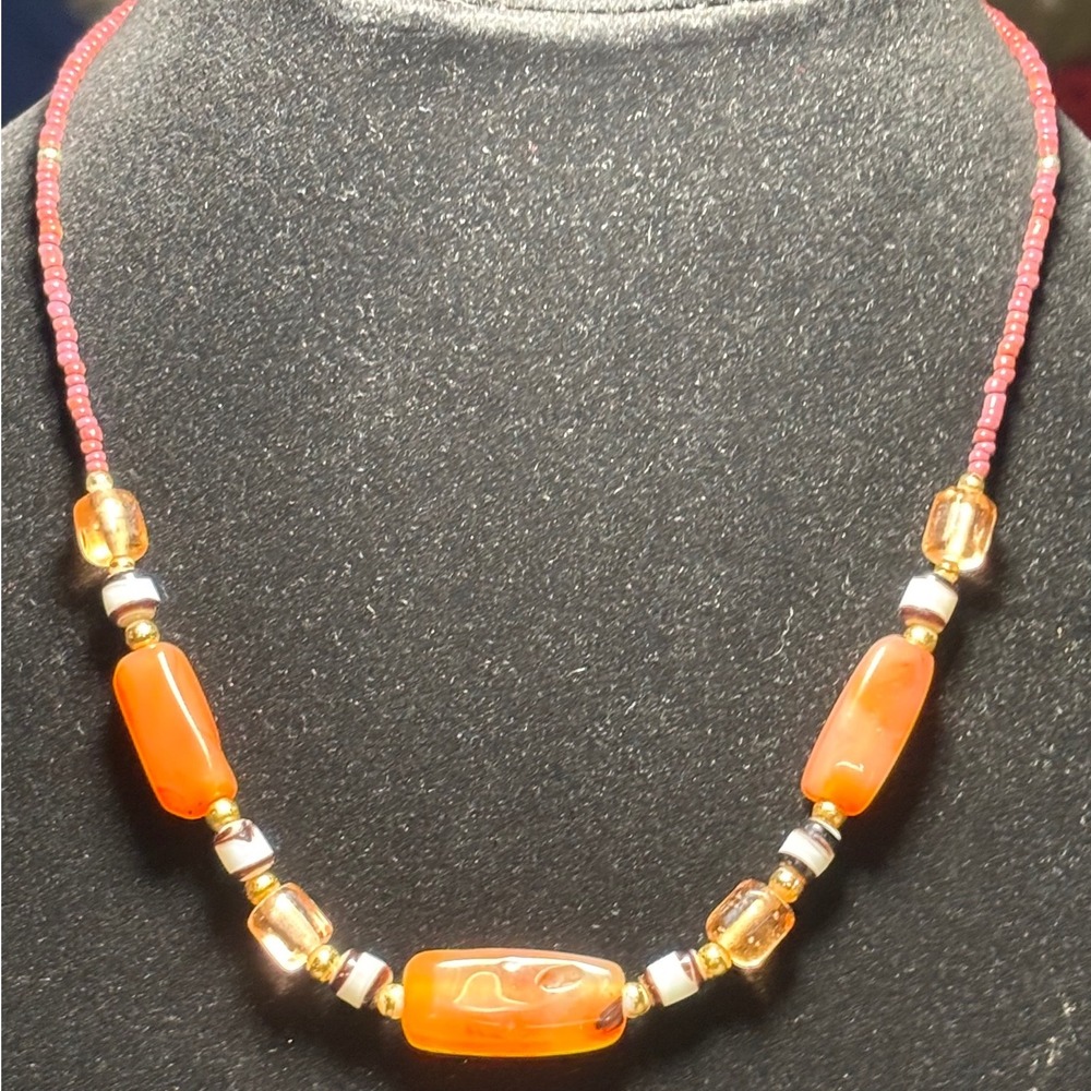 VTG Carnelian Agate Necklace Hand Carved Barrel Beads Striped Eye Spacer Beads